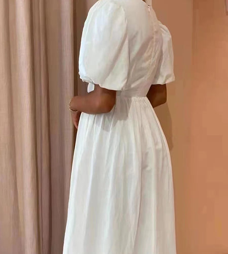 Vintage Print Colorblock Dress For Women Round Neck Puff Sleeve High Waist Cut Out Midi Dresses Female Summer Clothing New