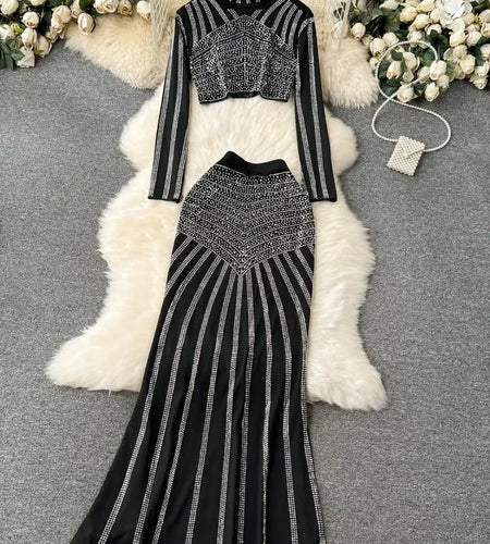 Autumn Black Elegant Diamonds Two Piece Sets For Women O Neck Long Sleeve Short Tops And High Waist Fishtail Long Skirt Suit Y2k