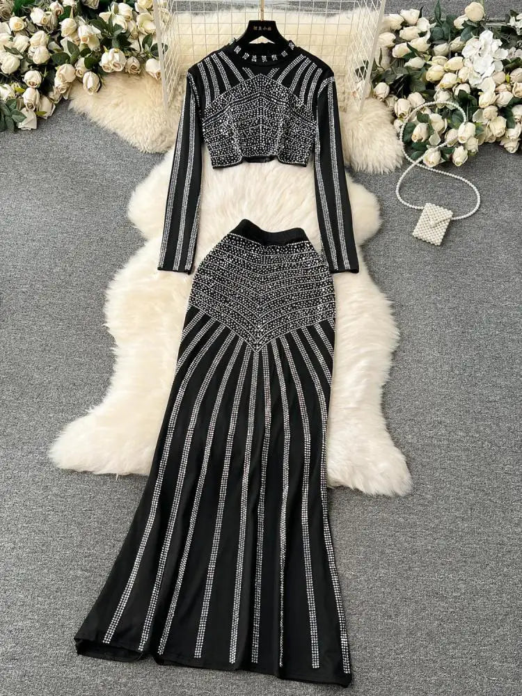 Autumn Black Elegant Diamonds Two Piece Sets For Women O Neck Long Sleeve Short Tops And High Waist Fishtail Long Skirt Suit Y2k