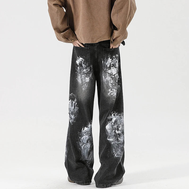 Men's Jeans New American Style Niche Design Graffiti Ripped Design Straight Wide Leg Hole Stylish Male Clothing 9W2023