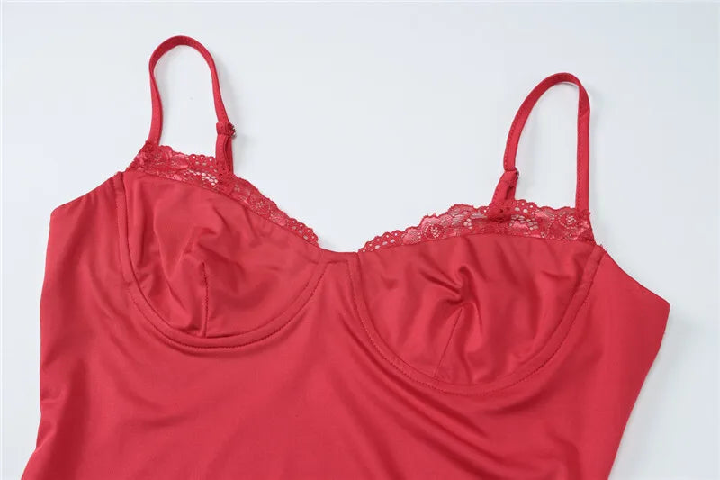 Spaghetti Strap Lace Sexy Mini Dress For Women Red Off-shoulder Strapless Sleeveless Backless Slim Fit Bodycon Dress