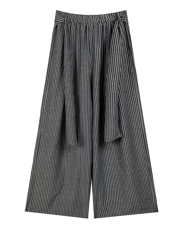 High Elastic Waist Gray Striped Bandage Casual Wide Leg Pants New Trousers Women Fashion Tide Spring Autumn 2025 1DJ1492
