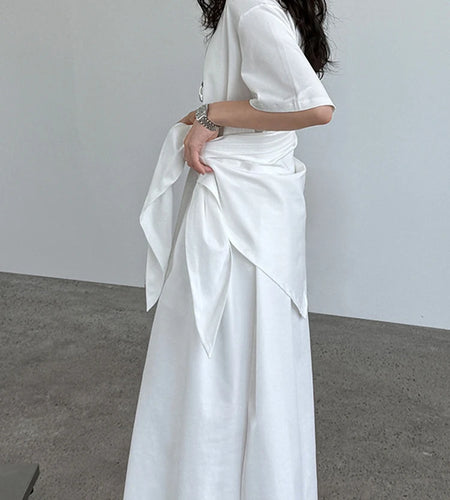Women White Bandage Irregular Big Size Midi Dress New Round Neck Short Sleeve Fashion Tide Spring Summer 2025 1DJ1263