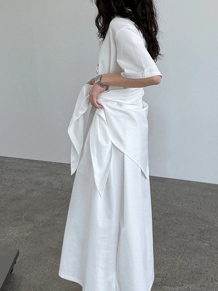 Women White Bandage Irregular Big Size Midi Dress New Round Neck Short Sleeve Fashion Tide Spring Summer 2025 1DJ1263