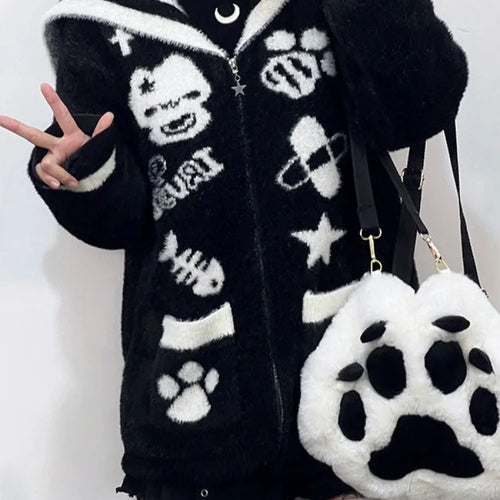 Load image into Gallery viewer, Streetwear Cartoon Jacquard Vintage Fluffy Coats Women Loose Sweet Y2k Aesthetic Zipper Top Japanese Kawaii Gothic Casual Jacket
