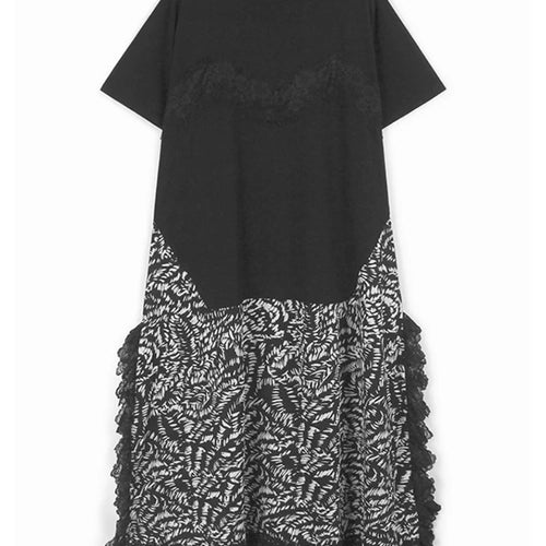 Load image into Gallery viewer, Women Gray Lace Color-block Big Size Midi Dress New Round Neck Short Sleeve Fashion Tide Spring Summer 2025 1DJ0921
