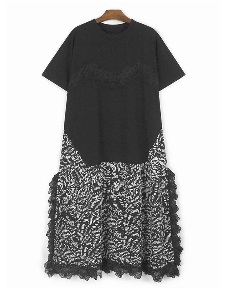 Women Gray Lace Color-block Big Size Midi Dress New Round Neck Short Sleeve Fashion Tide Spring Summer 2025 1DJ0921