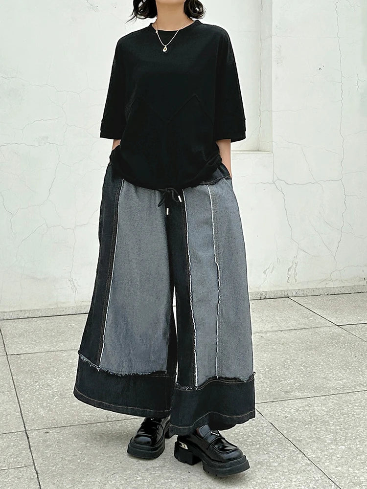 Women Black Hem Drawstring Spliced Big Size T-shirt New Round Neck Short Sleeve Fashion Tide Spring Summer 2025 1DJ1221