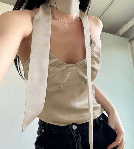 Fashion V Neck Solid Summer Satin Top Camisole Chic Retro Folds Camisole Scarf Cute Korean Style Cropped Women's Tops
