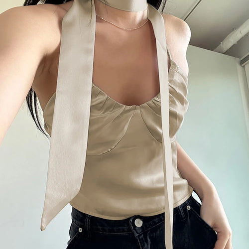 Load image into Gallery viewer, Fashion V Neck Solid Summer Satin Top Camisole Chic Retro Folds Camisole Scarf Cute Korean Style Cropped Women&#39;s Tops
