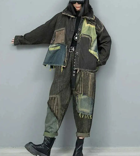 Big Size Denim  Jacket Wide Leg Pants Two Piece Suit New Lapel Long Sleeve Women Fashion Tide Spring Autumn 2025 1DH9117