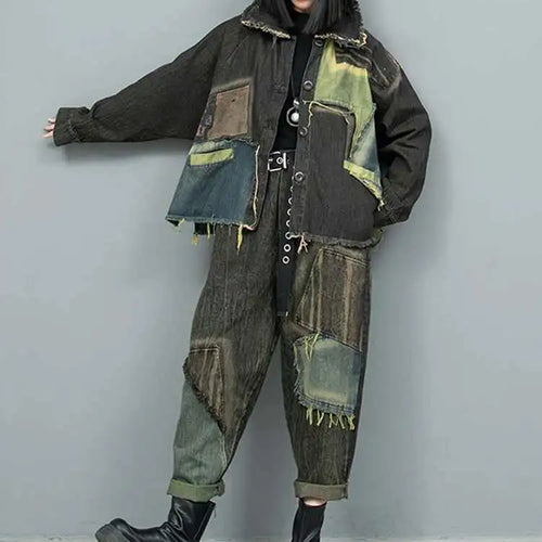 Load image into Gallery viewer, Big Size Denim  Jacket Wide Leg Pants Two Piece Suit New Lapel Long Sleeve Women Fashion Tide Spring Autumn 2025 1DH9117
