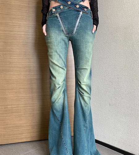 Hollow Out Chic Denim Pants For Women High Waist Patchwork Folds Slimming Casual Flare Pants Female Fashion Clothes