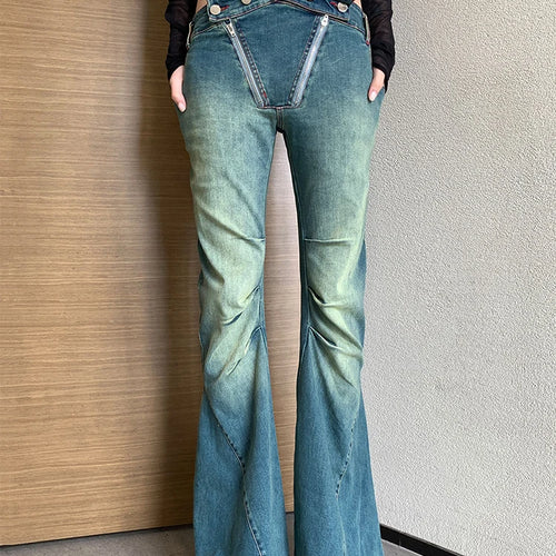 Load image into Gallery viewer, Hollow Out Chic Denim Pants For Women High Waist Patchwork Folds Slimming Casual Flare Pants Female Fashion Clothes
