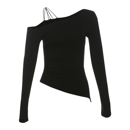 Load image into Gallery viewer, y2k Cold Shoulder Top Women Clothes Solid Color Slant Neck Long Sleeve Asymmetric Hem T Shirts 2000s Gothic Clothing
