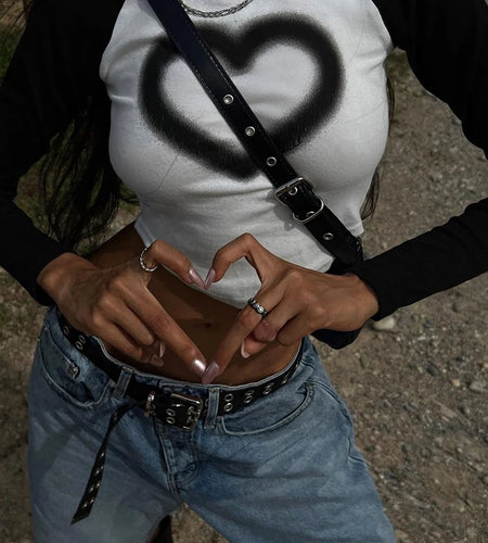 Casual Heart Print Bodycon Crop Top Spliced Contrast Color Autumn Tees Women Korean Preppy Style T shirts Cute Shirts