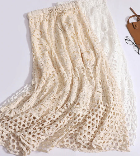 Women Beige Elegant High Waist Hollowed Out Lace Up Knitted Skirt Summer Vintage Bohemian White Vacation Long Skirt Romantic New