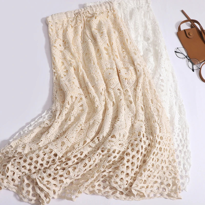 Women Beige Elegant High Waist Hollowed Out Lace Up Knitted Skirt Summer Vintage Bohemian White Vacation Long Skirt Romantic New