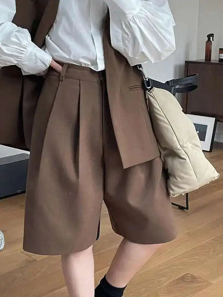 Women Gray Pleated Pocket Elegant Casual Wide Leg Shorts New High Waist Trousers Fashion Tide Spring Summer 2025 1DH4866