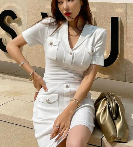 Spring French Fashion White Festival Button Slim Short Sleeve Dress Women Office Wrap Hip Knit Mini Dress Popular Simplicity New