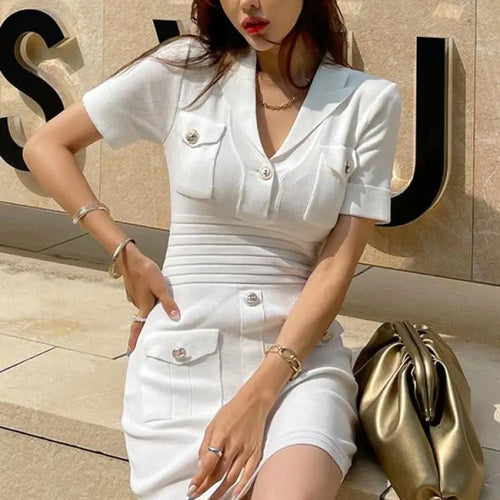 Load image into Gallery viewer, Spring French Fashion White Festival Button Slim Short Sleeve Dress Women Office Wrap Hip Knit Mini Dress Popular Simplicity New
