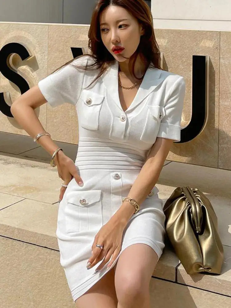 Spring French Fashion White Festival Button Slim Short Sleeve Dress Women Office Wrap Hip Knit Mini Dress Popular Simplicity New