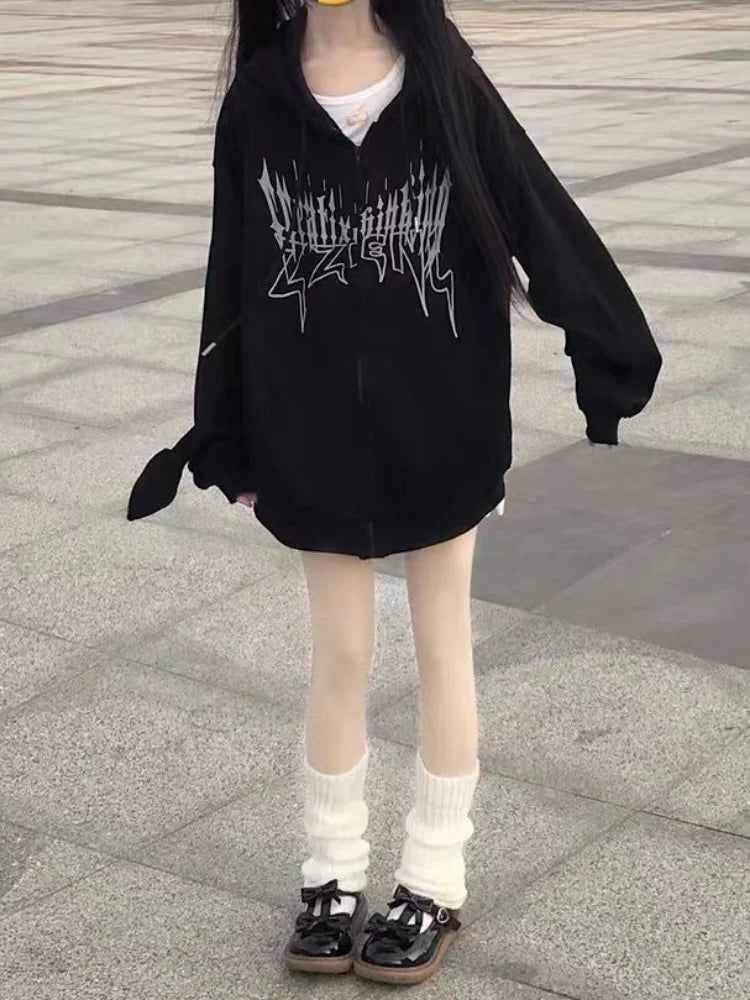 Harajuku Hoodie Women Y2k Gothic Punk Devil Hoodie Casula Kawaii Hip Hop Zipper Sweatshirt Female Jacket Fashion