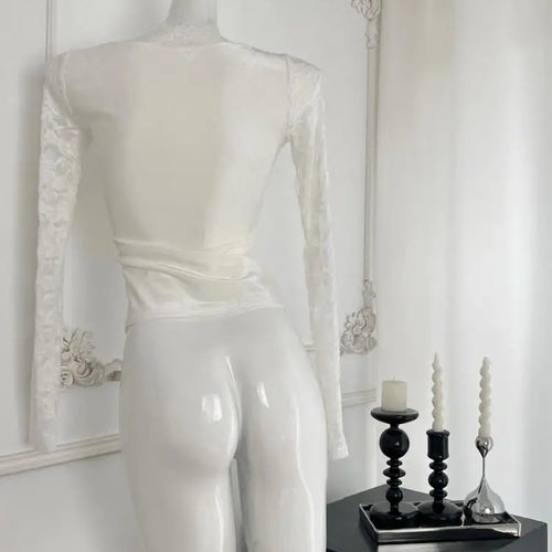 Load image into Gallery viewer, New 2024 Women's Autumn White Lace V-neck Holiday Short T Shirt Black Elegant Long Sleeve Pleated Bottom Tops Fashion Versatile
