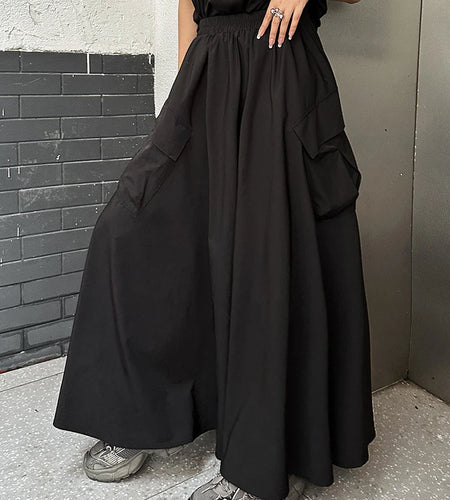 High Elastic Waist Black Pocket Casual Long A-line Half-body Skirt Women Fashion Tide New Spring Autumn 2025 1DJ1341