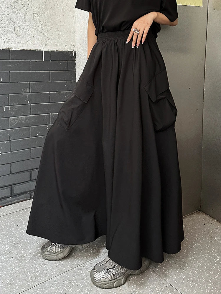 High Elastic Waist Black Pocket Casual Long A-line Half-body Skirt Women Fashion Tide New Spring Autumn 2025 1DJ1341