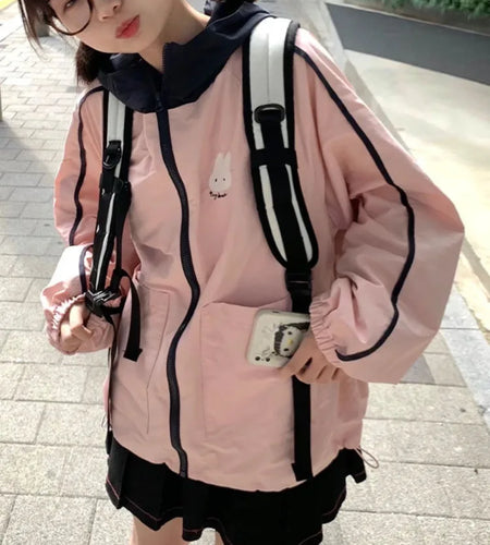 New Streetwear Grunge Contrast Jackets Women Spring Autumn Cartoon Coat Casual Vintage Hoody Y2k Aesthetic Pocket Harajuku Tops