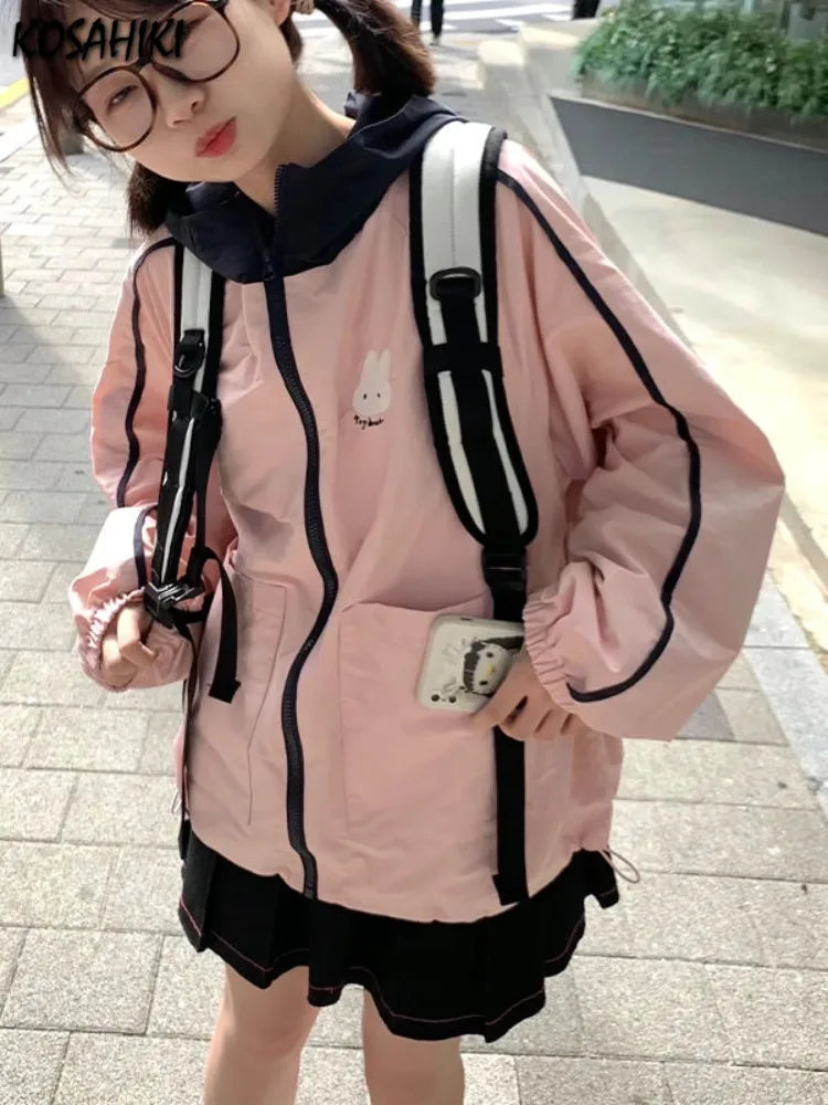 New Streetwear Grunge Contrast Jackets Women Spring Autumn Cartoon Coat Casual Vintage Hoody Y2k Aesthetic Pocket Harajuku Tops