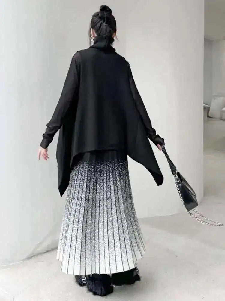 Black Irregular Big Size Knitting Sweater Turtleneck Sleeveless Women Pullovers New Fashion Spring Autumn 2025 1DH6998