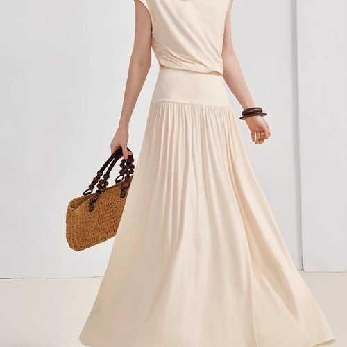 Load image into Gallery viewer, Solid Loose Casual Long Dresses for Women Swinging Neck Sleeveless Low Waist Patchwork Folds Elegant Dress Female
