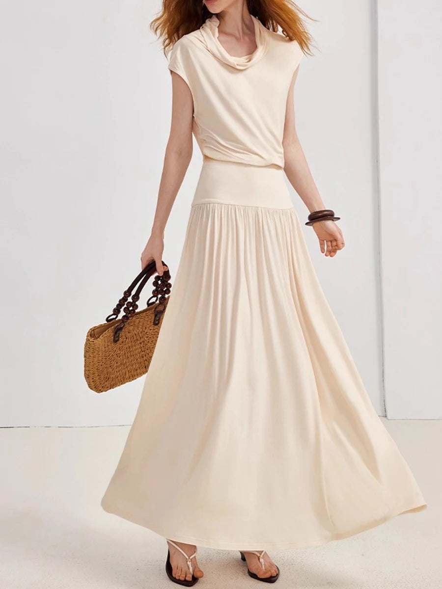 Solid Loose Casual Long Dresses for Women Swinging Neck Sleeveless Low Waist Patchwork Folds Elegant Dress Female