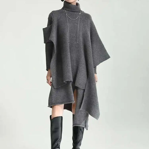 Load image into Gallery viewer, Women Gray Irregular Design Knitting Dress New Turtleneck Long Sleeve Loose Fit Fashion Tide Spring Autumn 2025 1DF2618
