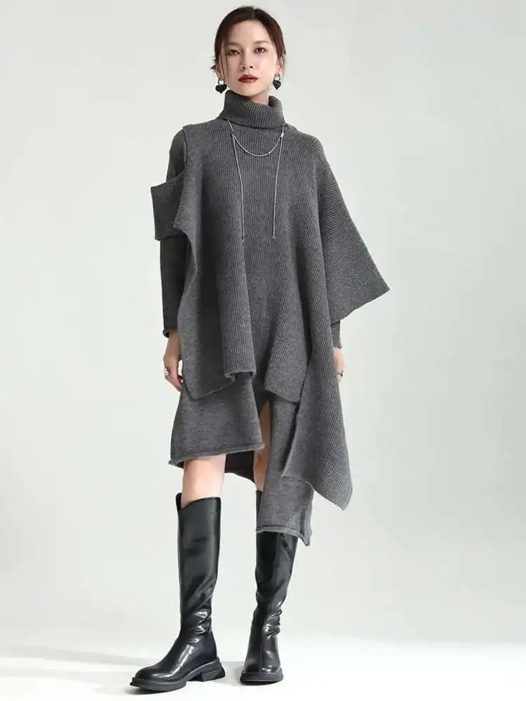 Women Gray Irregular Design Knitting Dress New Turtleneck Long Sleeve Loose Fit Fashion Tide Spring Autumn 2025 1DF2618