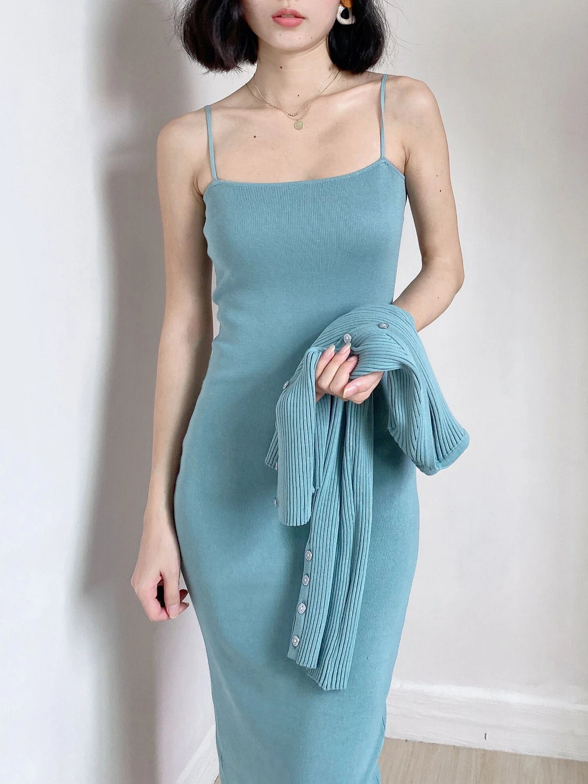 Women Bodycon 2 Piece Dress Set Spaghetti Strap Slim Knit Dress Long Sleeve Button Cardigan Suits Fashion Solid Outfits C-113