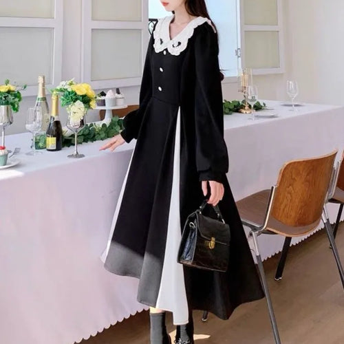 Load image into Gallery viewer, Autumn Black Kawaii Midi Dress Women 2023 Preppy Style School Student Peter Pan Collar Party Dresses Vintage
