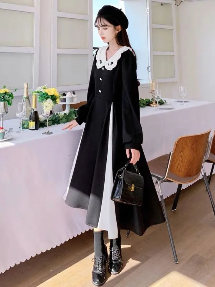 Autumn Black Kawaii Midi Dress Women 2023 Preppy Style School Student Peter Pan Collar Party Dresses Vintage