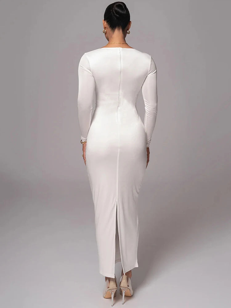 Hollow out long sleeve sexy maxi dress for women fashion solid V neck back split bodycon club long dress elegant