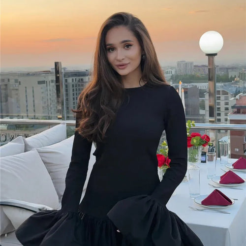 Load image into Gallery viewer, Long Flare Sleeve Knitted Sexy Mini Dress For Women Autumn Winter New Patchwork O Neck A-line Knit Puffy Dress Elegant
