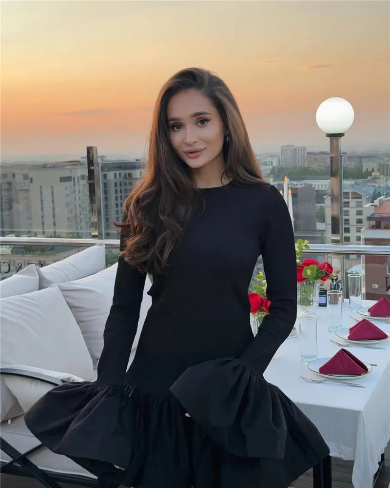 Long Flare Sleeve Knitted Sexy Mini Dress For Women Autumn Winter New Patchwork O Neck A-line Knit Puffy Dress Elegant