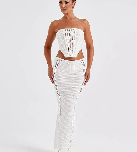 Elegant Knit Skirt Two Piece Sets Women Strapless Bandage Crop Tops And Maxi Skirt Femme Lace Up Sexy Ttwo Piece Sets