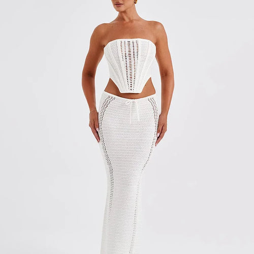 Load image into Gallery viewer, Elegant Knit Skirt Two Piece Sets Women Strapless Bandage Crop Tops And Maxi Skirt Femme Lace Up Sexy Ttwo Piece Sets
