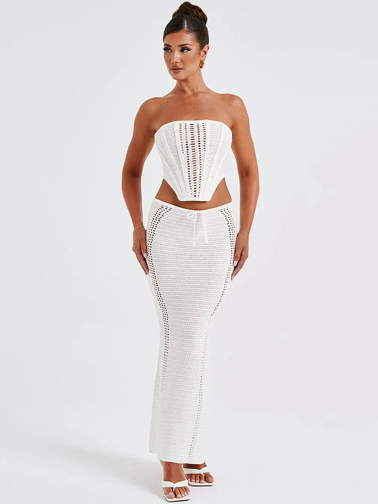 Elegant Knit Skirt Two Piece Sets Women Strapless Bandage Crop Tops And Maxi Skirt Femme Lace Up Sexy Ttwo Piece Sets