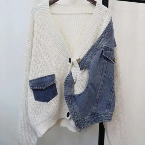 Load image into Gallery viewer, Gray Denim Big Size Design Knitting Cardigan Sweater V-Neck Long Sleeve Women New Fashion Tide Spring Autumn 2025 CP3517
