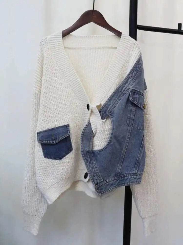 Gray Denim Big Size Design Knitting Cardigan Sweater V-Neck Long Sleeve Women New Fashion Tide Spring Autumn 2025 CP3517