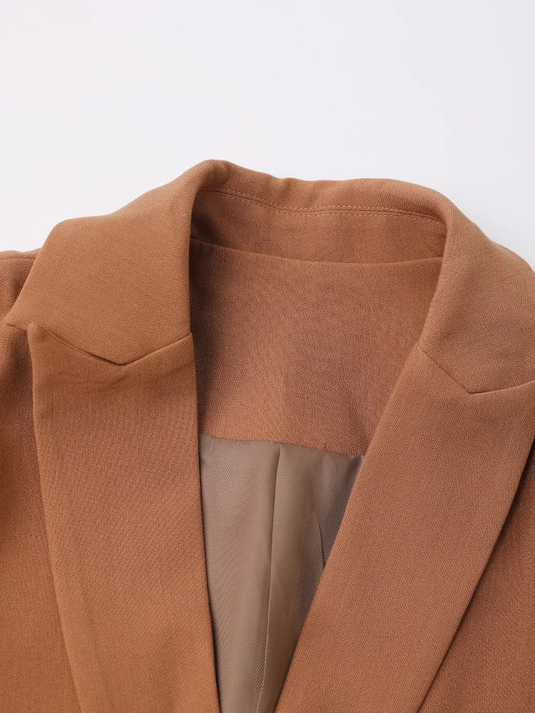 Women Brown Irregular Spliced Long Elegant Blazer New Lapel Long Sleeve Jacket Fashion Tide Spring Autumn 2025 26D9036