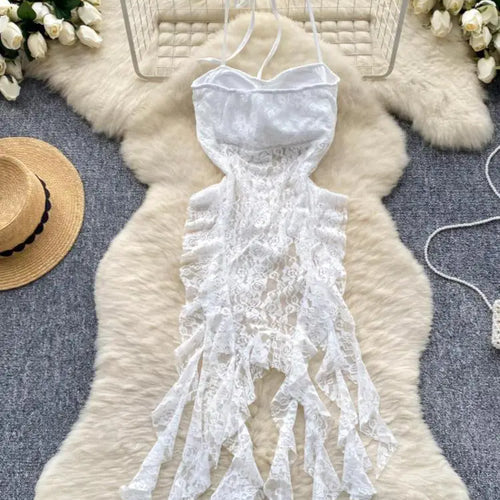 Load image into Gallery viewer, Retro Black White Elegant Ruffles Halter Lace-up Irregular Lace Long Dress Women Summer New Beige Sleeveless Evening Party Dress
